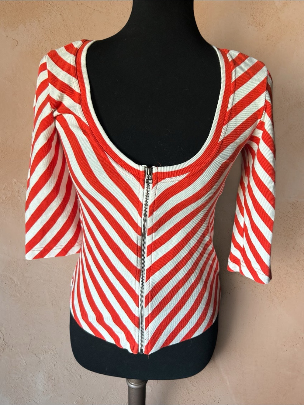 Maeve by Anthropologie Red & White Diagonal Stripe Zip Front Top